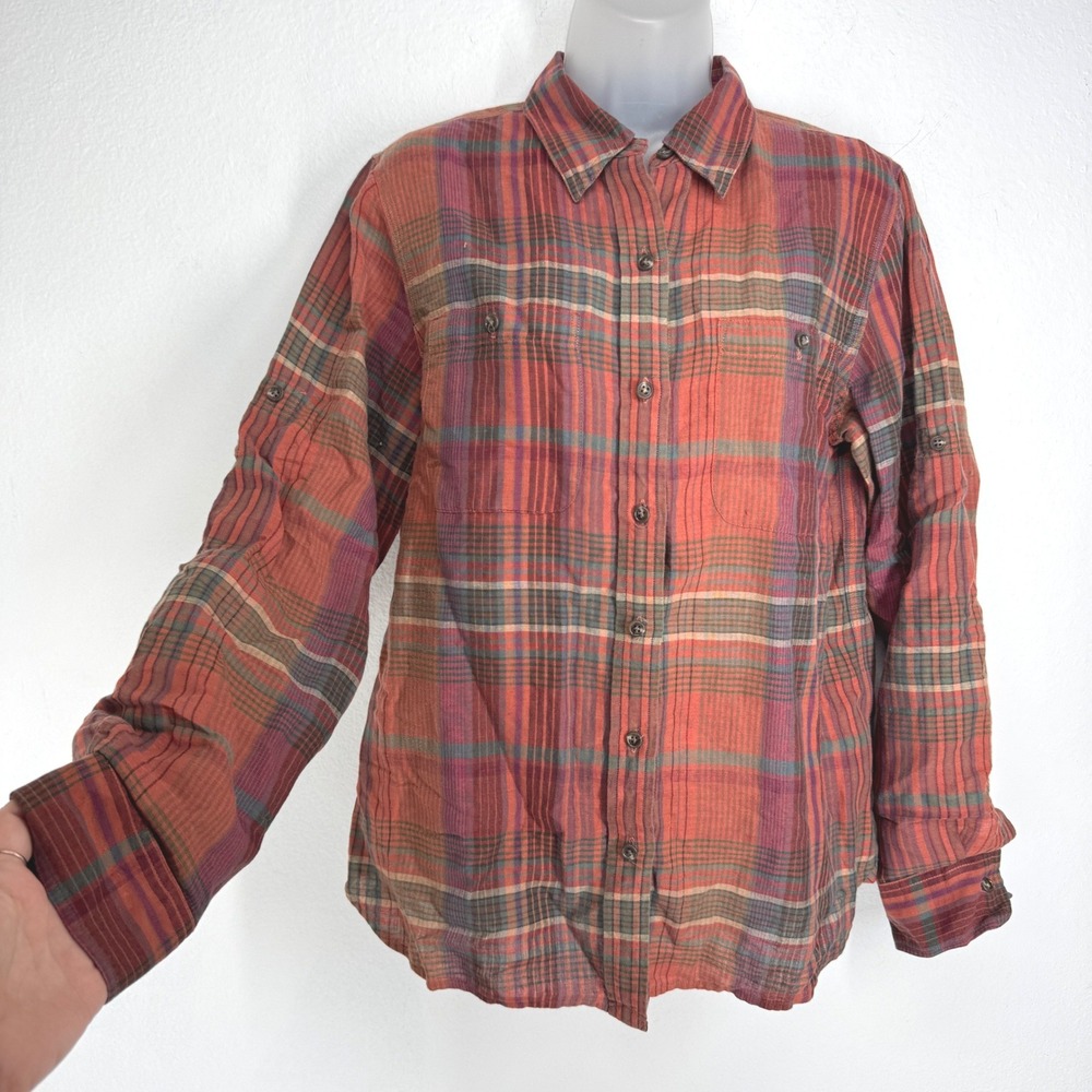 Ralph Lauren Plaid Linen Cotton Roll Tab Sleeve Shirt Size M Earthy Preppy Cabin